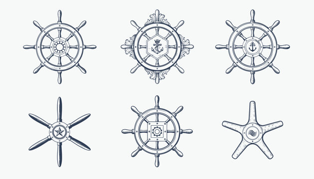 Six monochrome nautical helm and ship wheel designs featuring anchors and decorative maritime elements.