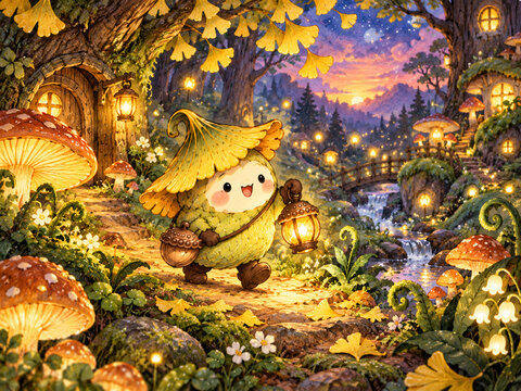 Cute Ginkgo Leaf Spirit Exploring an Enchanted Forest Village, Fantasy Illustration
