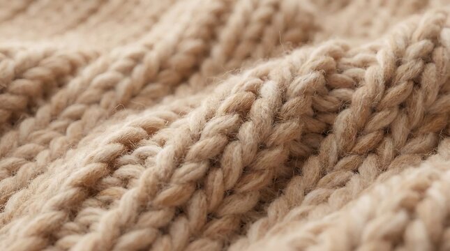 Knitted wool sweater fabric displays a detailed texture of thick beige yarn woven in soft ribbed pattern rows.