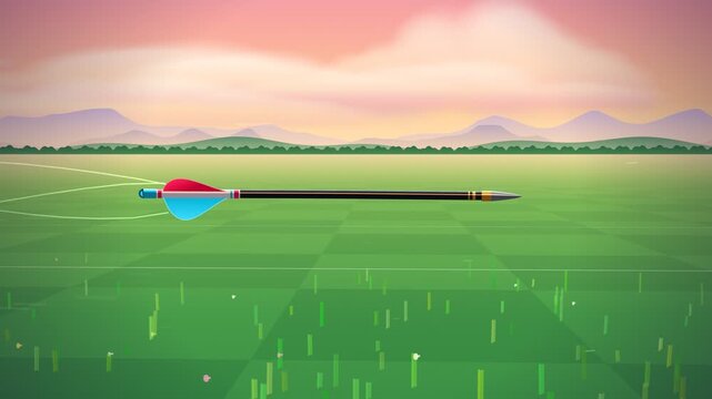 Colorful Archery Arrow Flying Through Grass Field To Hit Bullseye Target In Seamless 4K Loop Animation