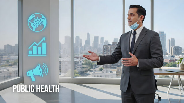 Professional public health expert presenting global communication and