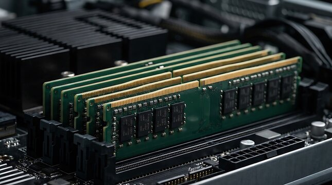 Computer motherboard with installed RAM modules for technology and