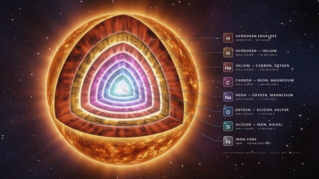 Cross section diagram of a massive star showing onion shell nuclear fusion layers