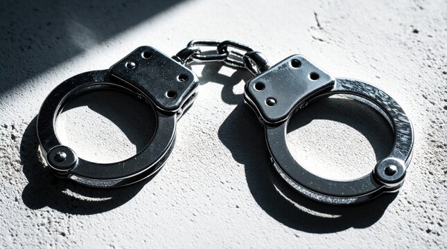 Metal handcuffs lie on light textured surface with hard shadows. Steel cuffs represent law justice crime, police control. Object used for prisoner detention criminal arrest in legal system.