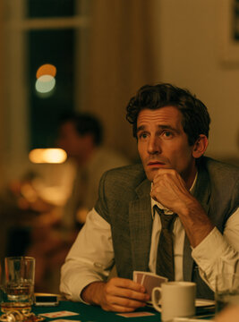 Thoughtful man in grey suit with tie holding cards during poker game, leaning chin on hand with tense and calculating look, friends playing at green table in warm indoor lighting.