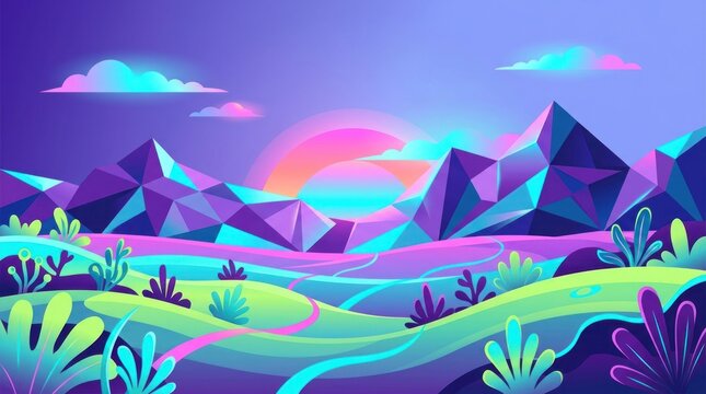 Low poly vibrant landscape with mountains and neon sunset.