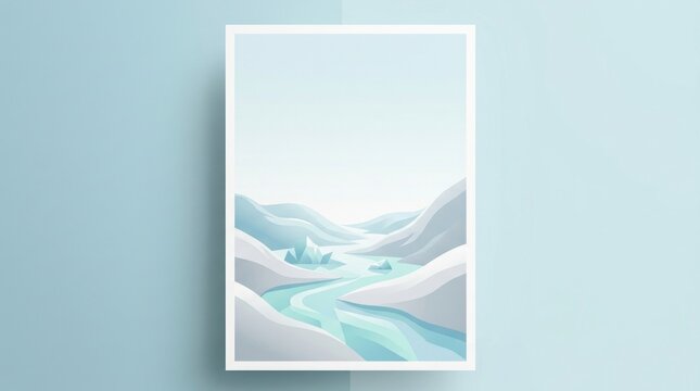 Minimalist mountain landscape poster with winding blue river