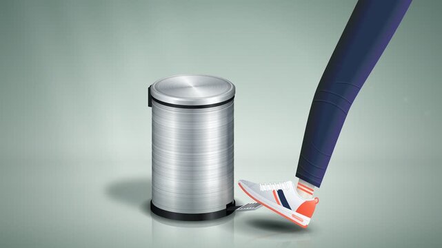 Foot pressing pedal to open modern stainless steel trash can lid in clean minimalist loop animation