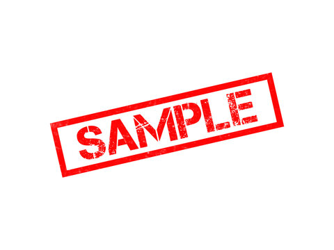 Red rubber stamp with the word sample in a grunge style font, enclosed in a rectangular frame, isolated on a solid black background, horizontal isolated on a transparent background