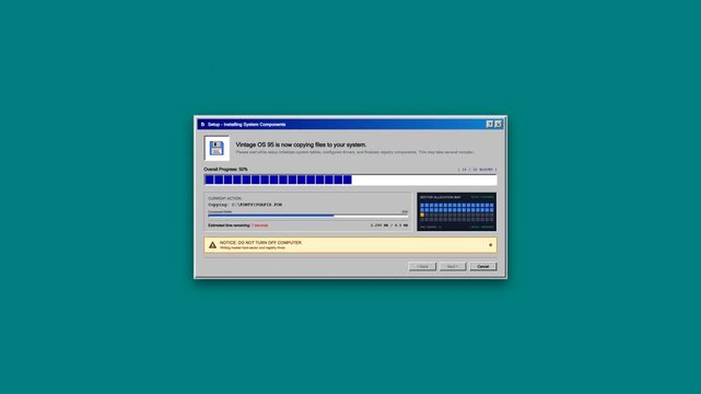 Retro Operating System Software Installation Dialog Window with Progress Bar on Teal Desktop