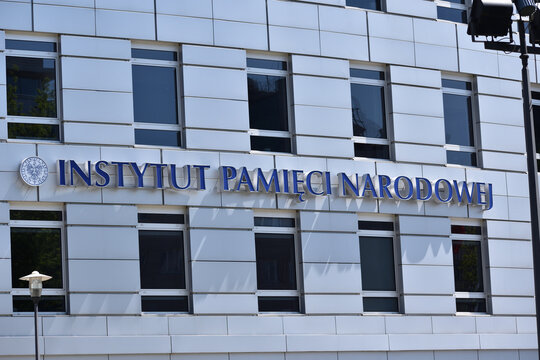 IPN Institute of National Remembrance building facade with signage, logo, emblem. WARSAW, POLAND - JUNE 3, 2023
