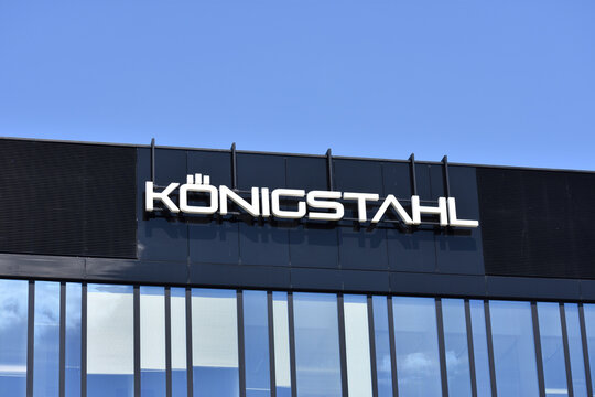 KONIGSTAHL company office with logo, signage on the facade, steel manufacturing. WARSAW, POLAND - JUNE 3, 2023