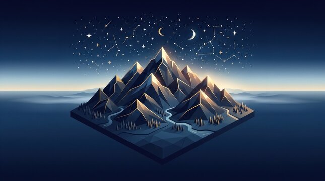 Isometric low poly mountain island under starry night.