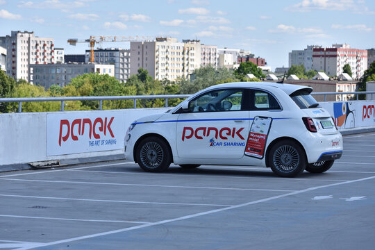 Panek car sharing, auto close up view, cars for rent service via mobile application. WARSAW, POLAND - JUNE 3, 2023