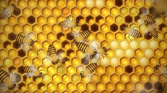Busy Honeybees Buzzing and Crawling Across Golden Honeycomb Cells in Seamless 4K Loop