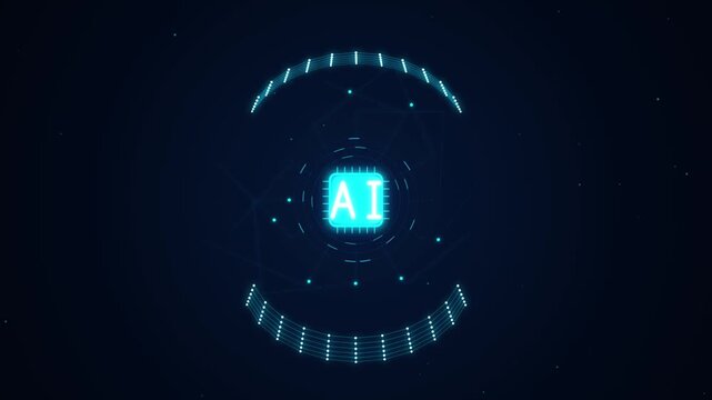 Futuristic blue digital motion graphic featuring a glowing AI microprocessor chip icon and concentric tech rings
