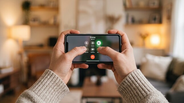 Close up of male hands holding smartphone making a video call in cozy living room background, communication technology concept