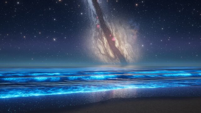 Milky Way galaxy setting over ocean with vibrant bioluminescent waves glowing on the shore