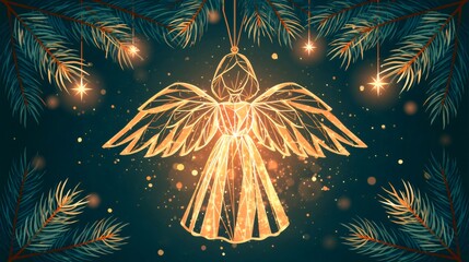 Fototapeta premium Golden angel ornament glowing for christmas holiday decoration