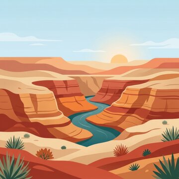 Stylized vector illustration of desert canyon and river.