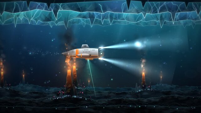 Autonomous Submarine Exploring Ocean Under Alien Ice With Hydrothermal Vents 4K Animation
