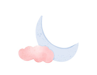 Watercolor crescent moon with pink cloud. Cute pastel night sky illustration for baby nursery, bedtime and sweet dreams design © Rimpa