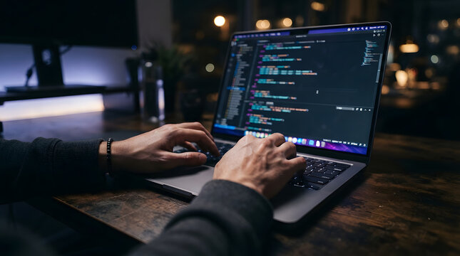 Programmer writes software code on a modern laptop late at night in a dimly lit office environment.