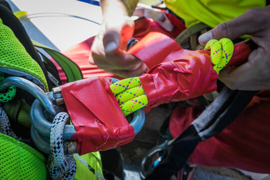 Rope bag packed by hand before each jump from the Pic du Midi cable car, Pyrenees, France