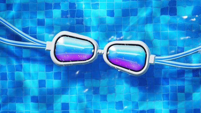 swimming goggles resting on blue pool tiles with splashing water loop