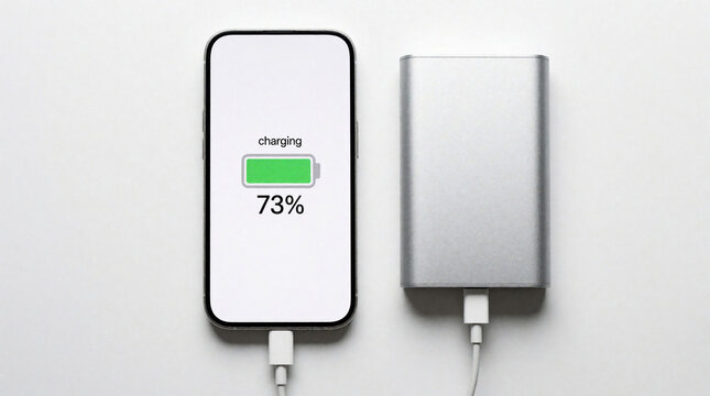 White smartphone connects to silver powerbank via usb cable. Mobile device shows seventy three percent battery level on screen. Portable external battery pack recharges phone. Electronic gadgets