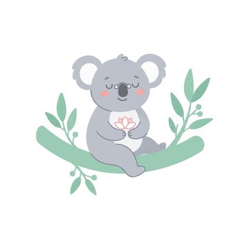 Cute koala meditating on branch with lotus flower
