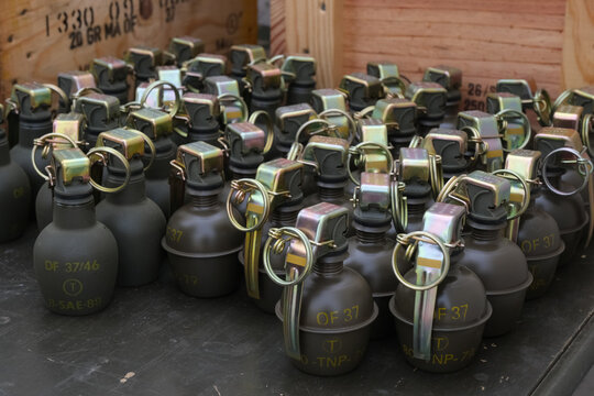Training grenades lined up in their crate at a Foreign Legion range in France