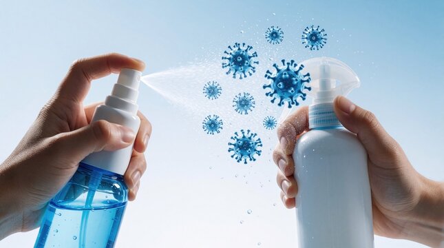Hands spray liquid disinfectant from blue bottle to kill virus germs. Sanitizer mist protects against bacteria, infection. Person uses spray for hygiene, sterilization in bright blue background with