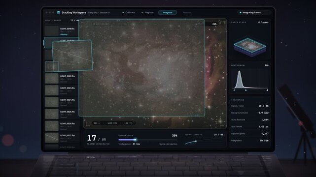 Laptop Screen Stacking Astrophotography Frames Generic Interface Blending Into Clean Nebula Image 4K Seamless Loop
