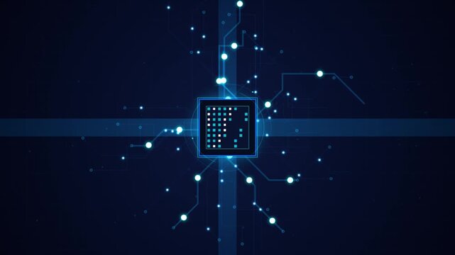 Futuristic blue digital motion graphic featuring a glowing central microchip processor and connected circuit board lines with data nodes on a dark bac