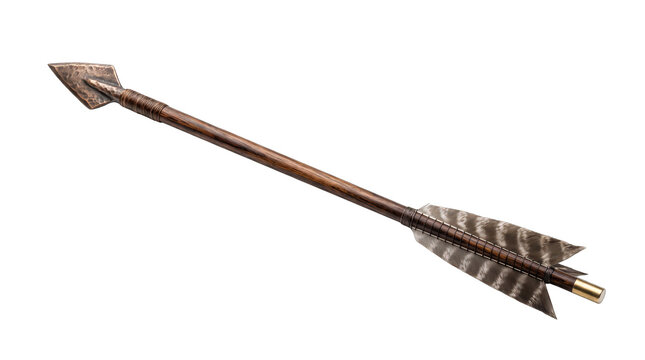 Wooden Hunting Arrow with Feather Fletching and Metal Arrowhead Archery Equipment Diagonal Side View png, isolated on a transparent background