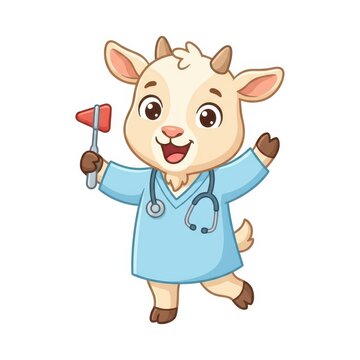 Cute goat doctor holding reflex hammer on white background