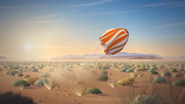 Sample return capsule landing by parachute in desert landscape