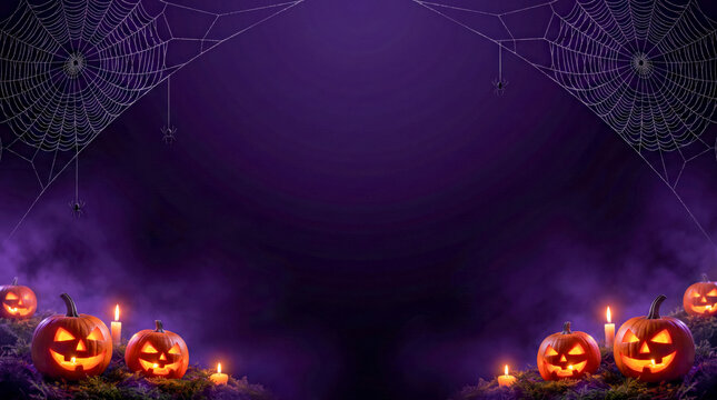Spooky Purple Halloween Border With Pumpkins And Spiderwebs
