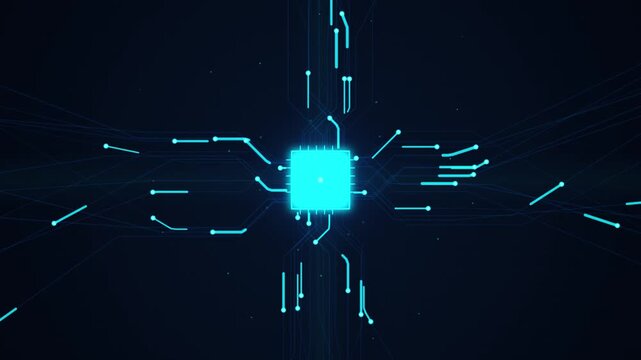 Futuristic blue digital motion graphic featuring a glowing central microchip processor and connected circuit board lines with data nodes on a dark bac