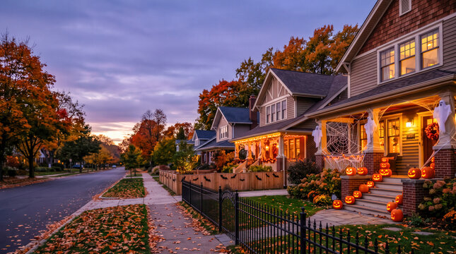 Charming Autumn Halloween Neighborhood With Decorated Suburban Houses