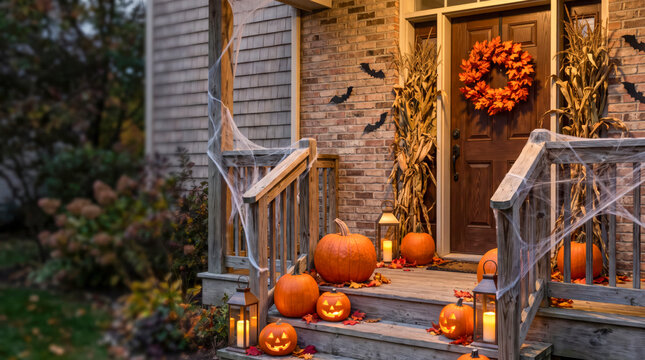 Traditional Halloween House Entrance With Pumpkins And Cobwebs