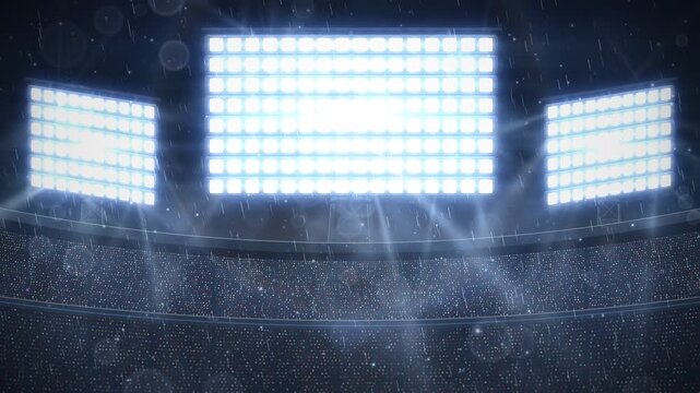Bright stadium floodlights flashing and glowing in dark arena background