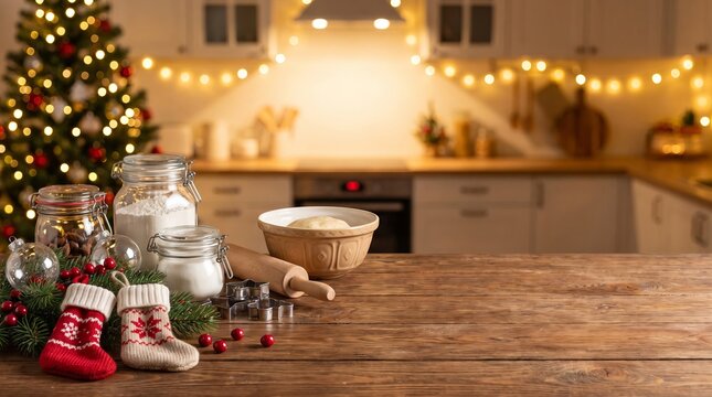 Kitchen countertop decorated with festive Christmas ornaments and assorted baking ingredients, creating a cozy seasonal cooking and holiday baking atmosphere
