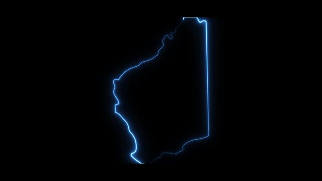 Glowing neon outline map of western australia animation on black background