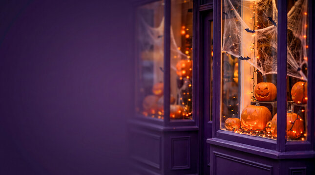 Haunted Halloween Shop Window With Glowing Pumpkin Decorations