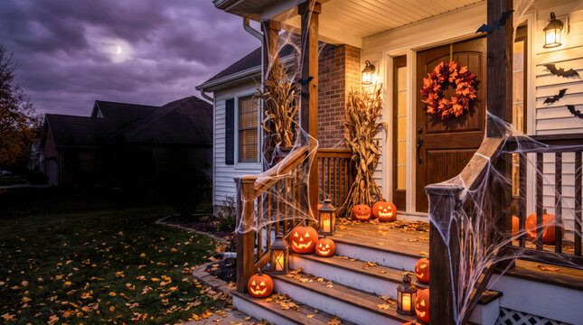 Welcoming Halloween Front Porch With Glowing Pumpkins