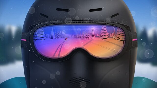Ski goggles reflection of winter mountain landscape with skier skiing down slope 4k loop