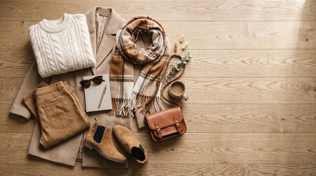 Autumn outfit laid out on a wooden floor, featuring a cream cable knit sweater, tan trousers, a beige coat, a patterned scarf, sunglasses, a notebook, a pen, a brown leather handbag.