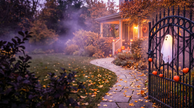 Enchanted Halloween Garden Gate With Pumpkins And Fog